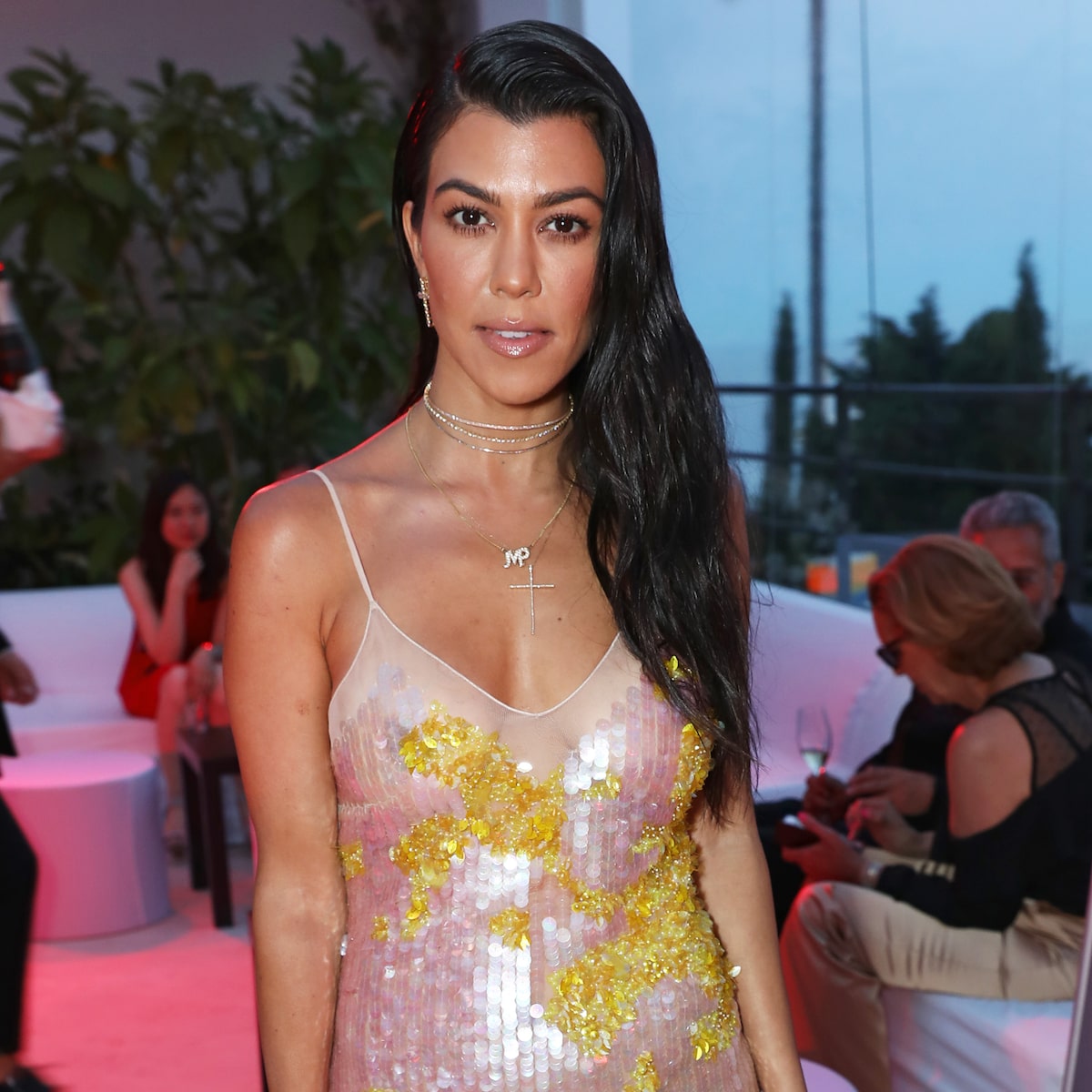 kourtney kardashian pink sequin dress Kourtney Kardashian wows in very short sequin mini dress