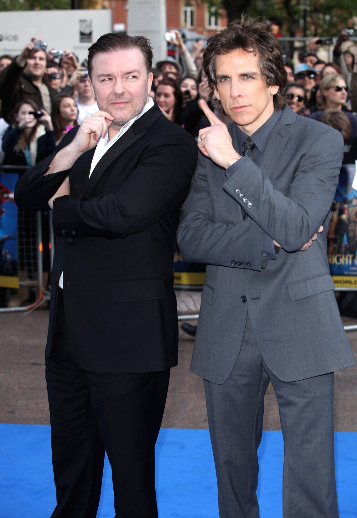 Comedians Ricky Gervais and Ben Stiller ham it up for shutterbugs at the world premiere of "Night at the Museum 2" in London.