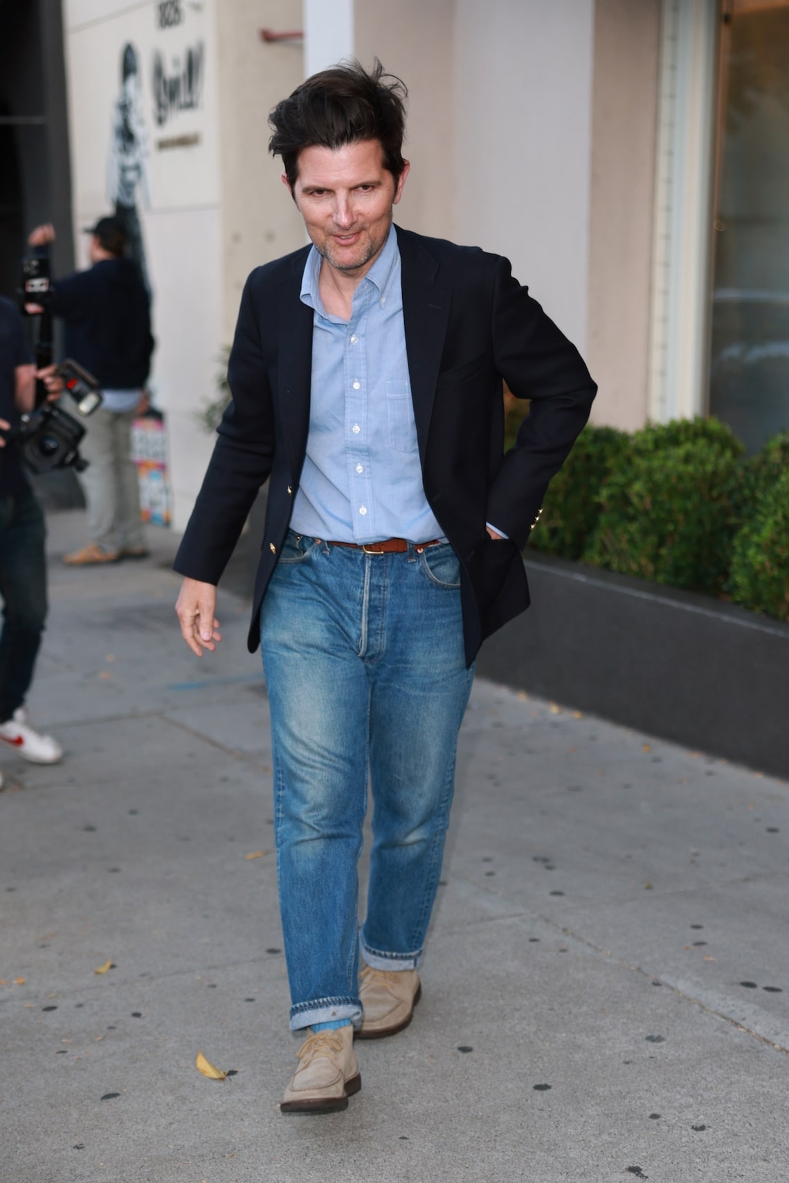 “Severance” star Adam Scott stepped out after an early dinner at Craig's in West Hollywood.