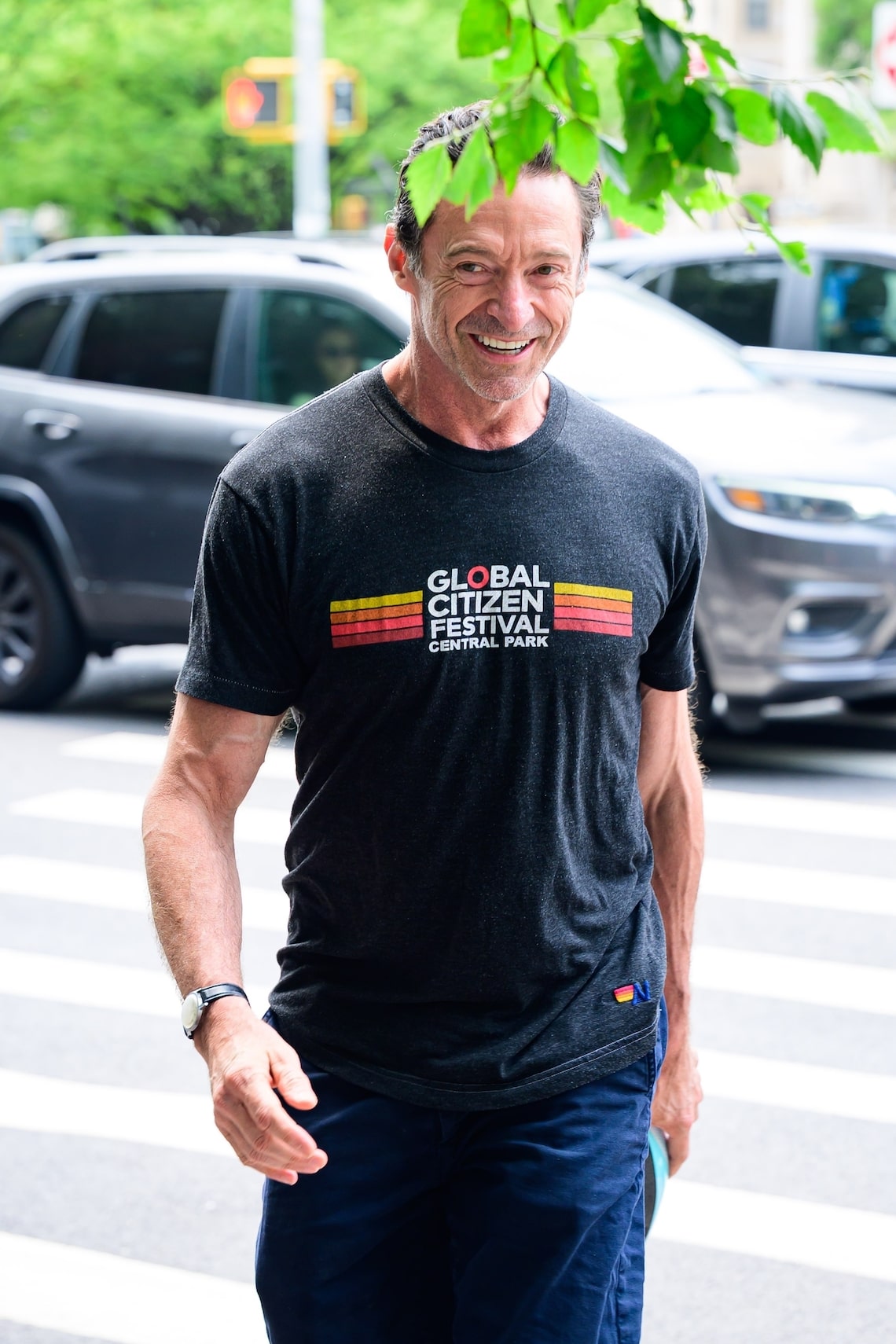 Hugh Jackman showed his support for the Global Citizen Festival while arriving at the Audible Theater in New York.