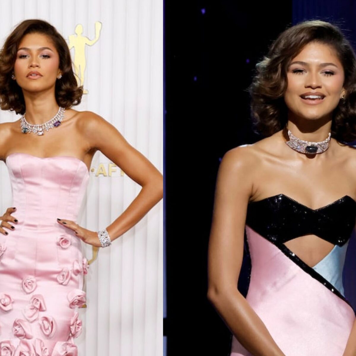 sana twice pink dress Zendaya blooms in pink gown on the 2023 SAG Awards red carpet