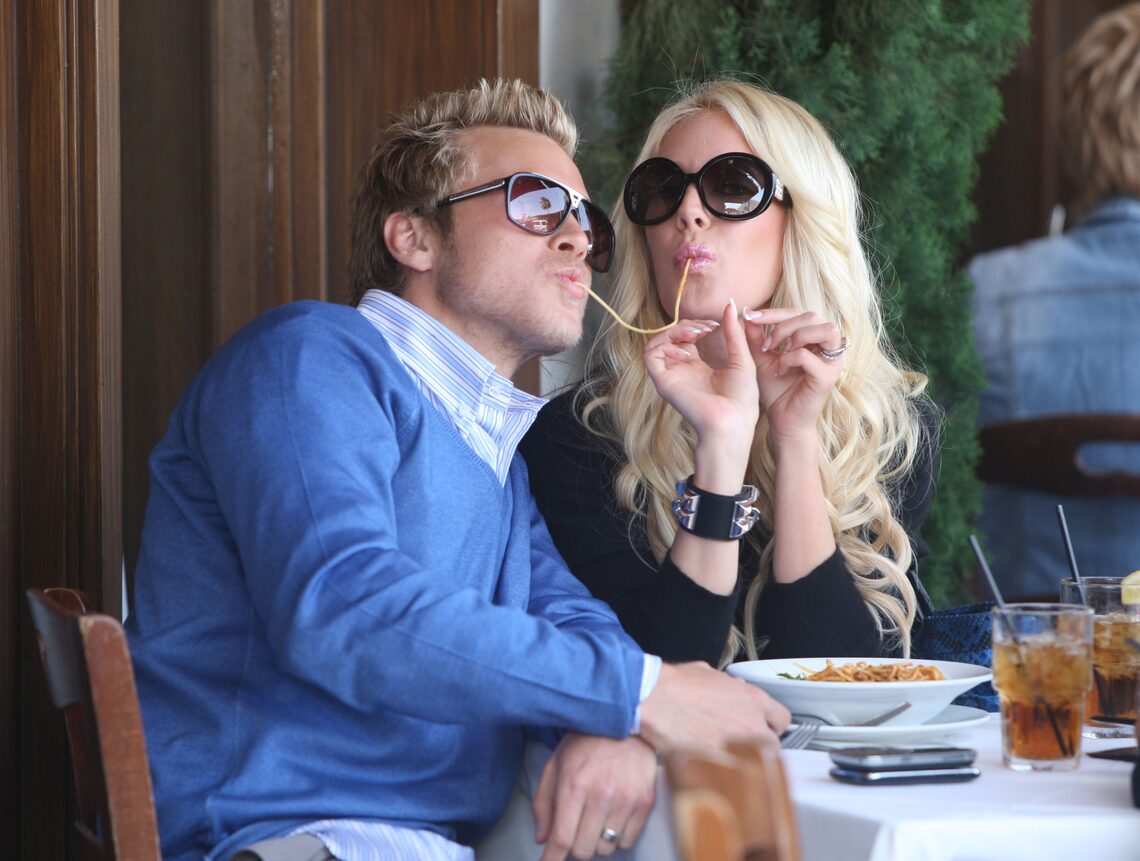 Heidi Montag and Spencer Pratt bring Italy to the "Hills" by recreating the spaghetti scene from "Lady and the Tramp" for paparazzi!