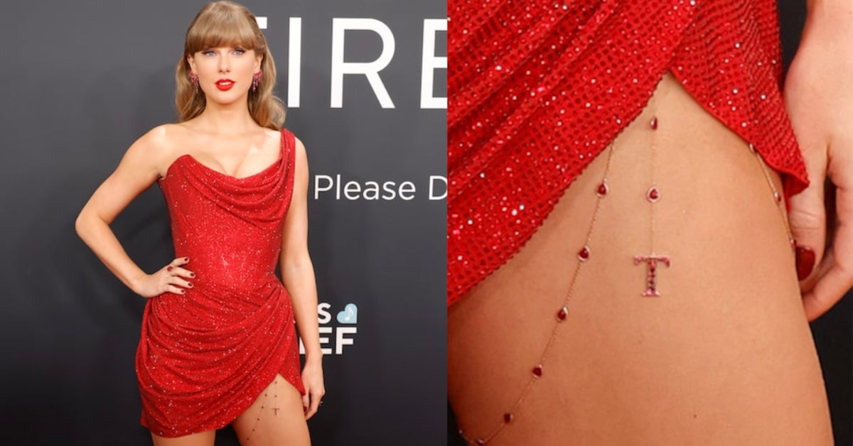 Taylor Swift Hits 2025 Grammys in Red Minidress with 'T' Garter Chain
