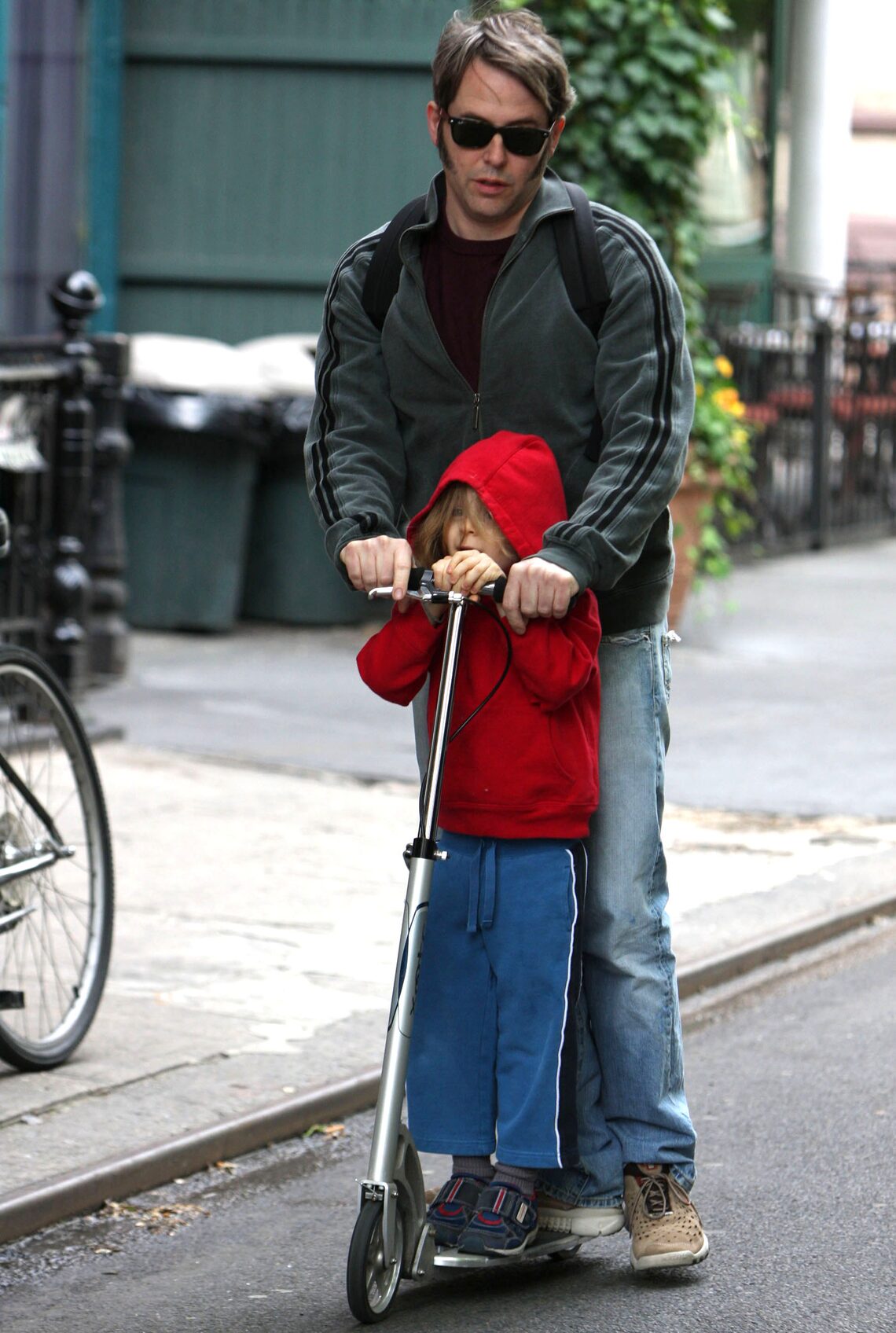 Matthew Broderick travels green -- the actor scooted his son James to school in New York City.