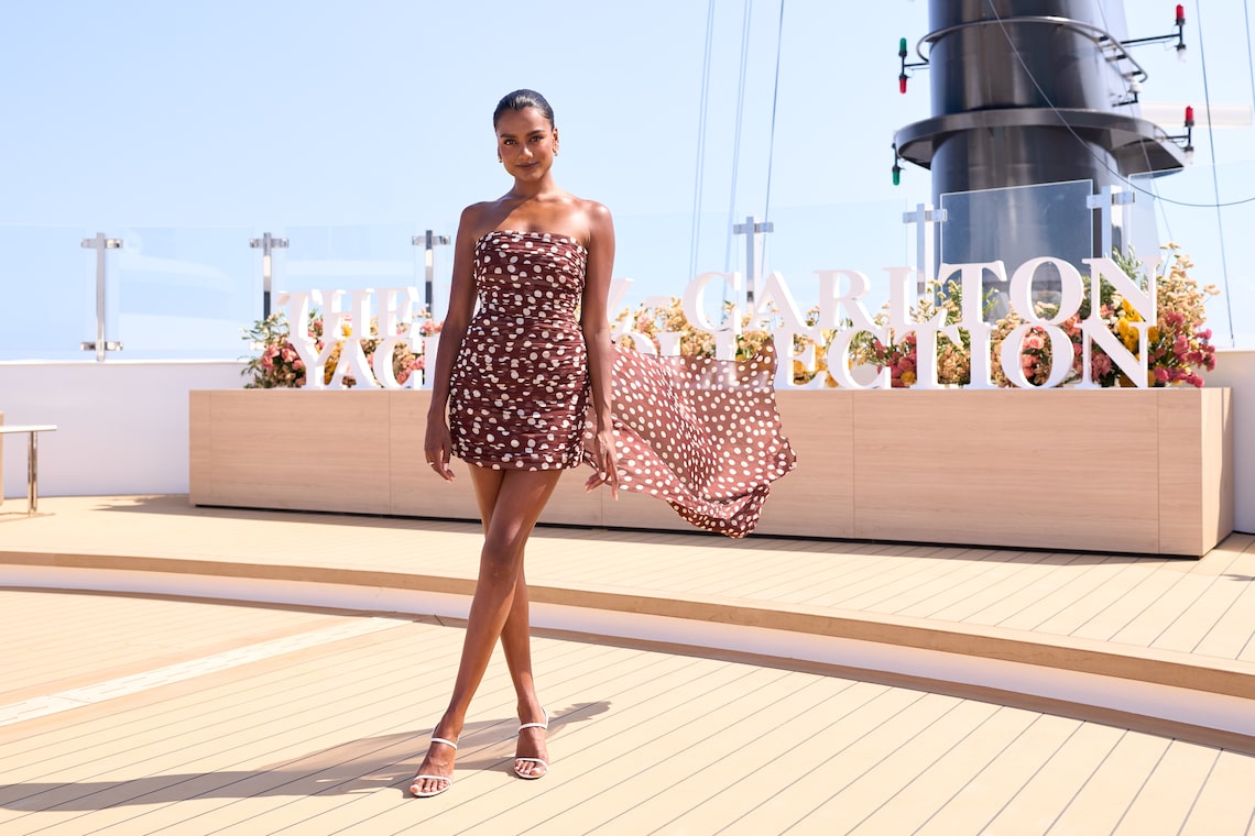 Simone Ashley, godmother of Luminara, posed for a portrait before christening the newest superyacht from the Ritz-Carlton Yacht Collection in Barcelona.