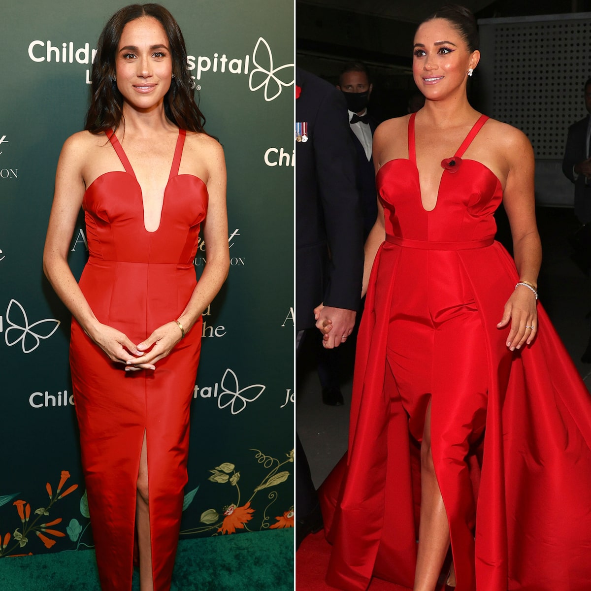 meghan markle red carolina herrera dress I was somewhat surprised Meghan re wore her Carolina Herrera red gown at the 2024 Los Angeles Children's Hospital Gala. She also wore the gown with the over skirt in 2021. Gown