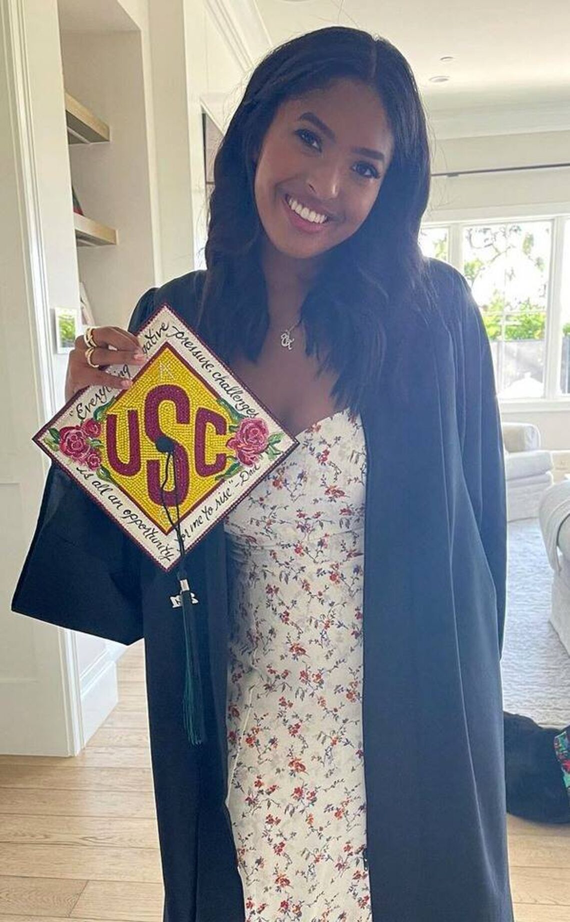 Kobe and Vanessa Bryant's daughter Natalia celebrated her high school graduation and her enrollment at USC. Her cap also included an inspirational quote from Kobe: "Everything negative – pressure, challenges – is all an opportunity for me to rise."