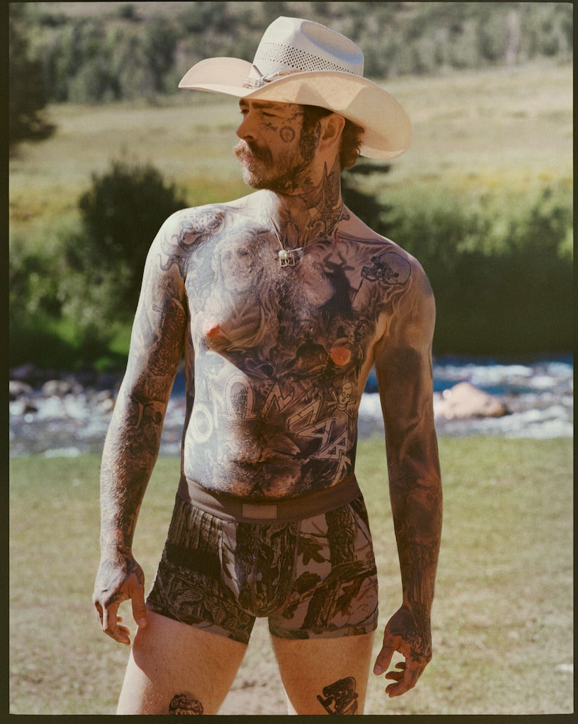 Shirtless Post Malone Flaunts Tattooed Torso in SKIMS Underwear Campaign