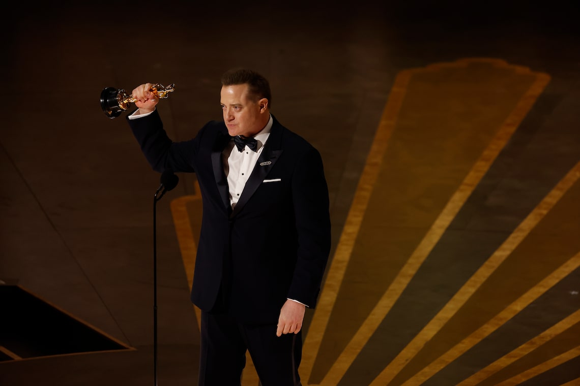 Brendan Fraser accepts the Oscar for Best Actor in a Leading Role for "The Whale" onstage during the 95th Annual Academy Awards.