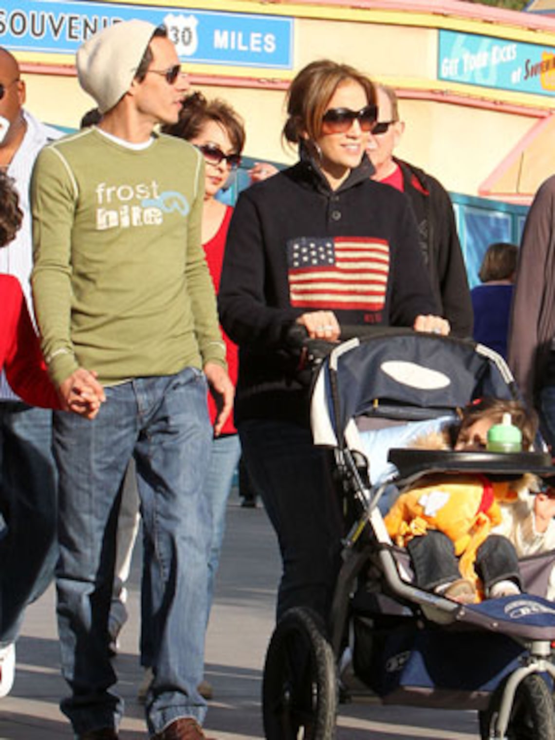 Marc Anthony and Jennifer Lopez were spotted spending quality family time at Disney's California Adventure theme park in Anaheim.