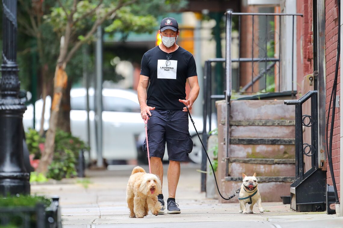Hugh Jackman walked his two dogs in his NYC neighborhood.