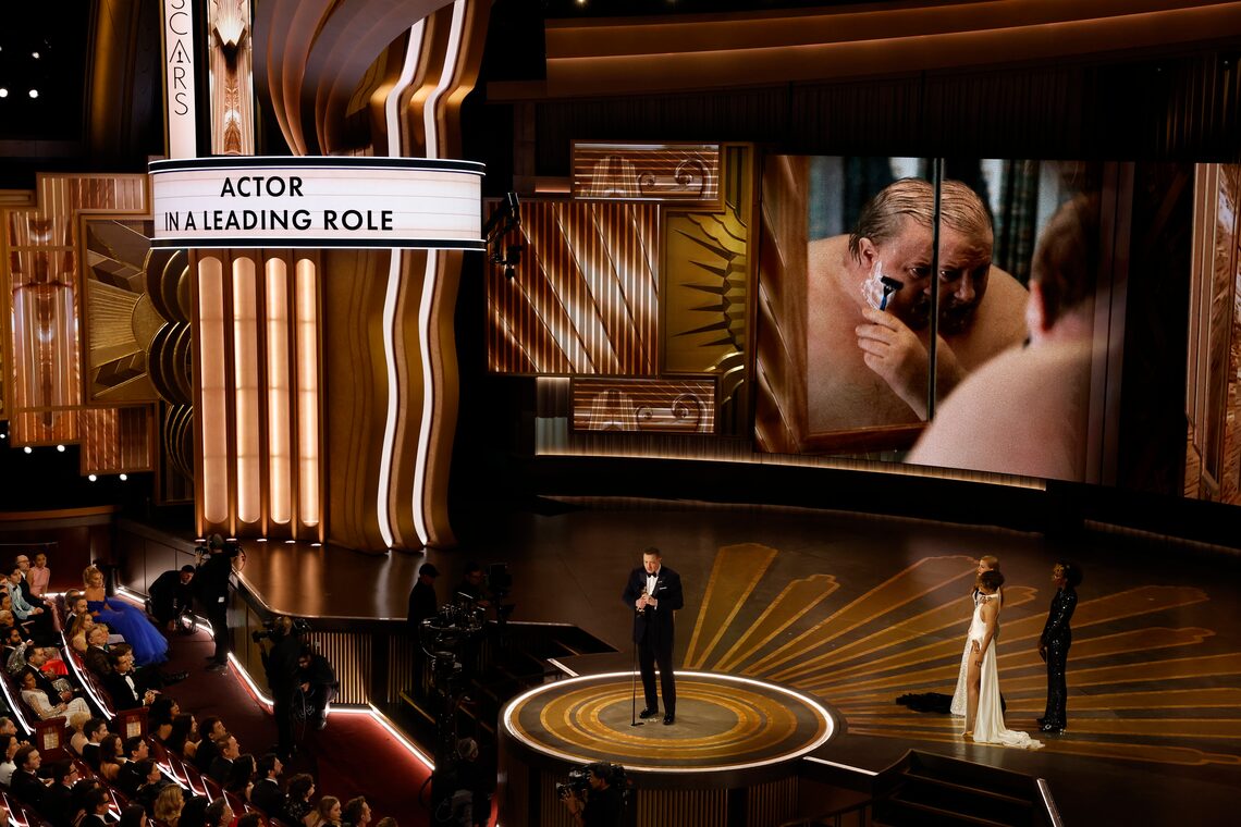 Brendan Fraser accepts the Oscar for Best Actor in a Leading Role for "The Whale" onstage during the 95th Annual Academy Awards.