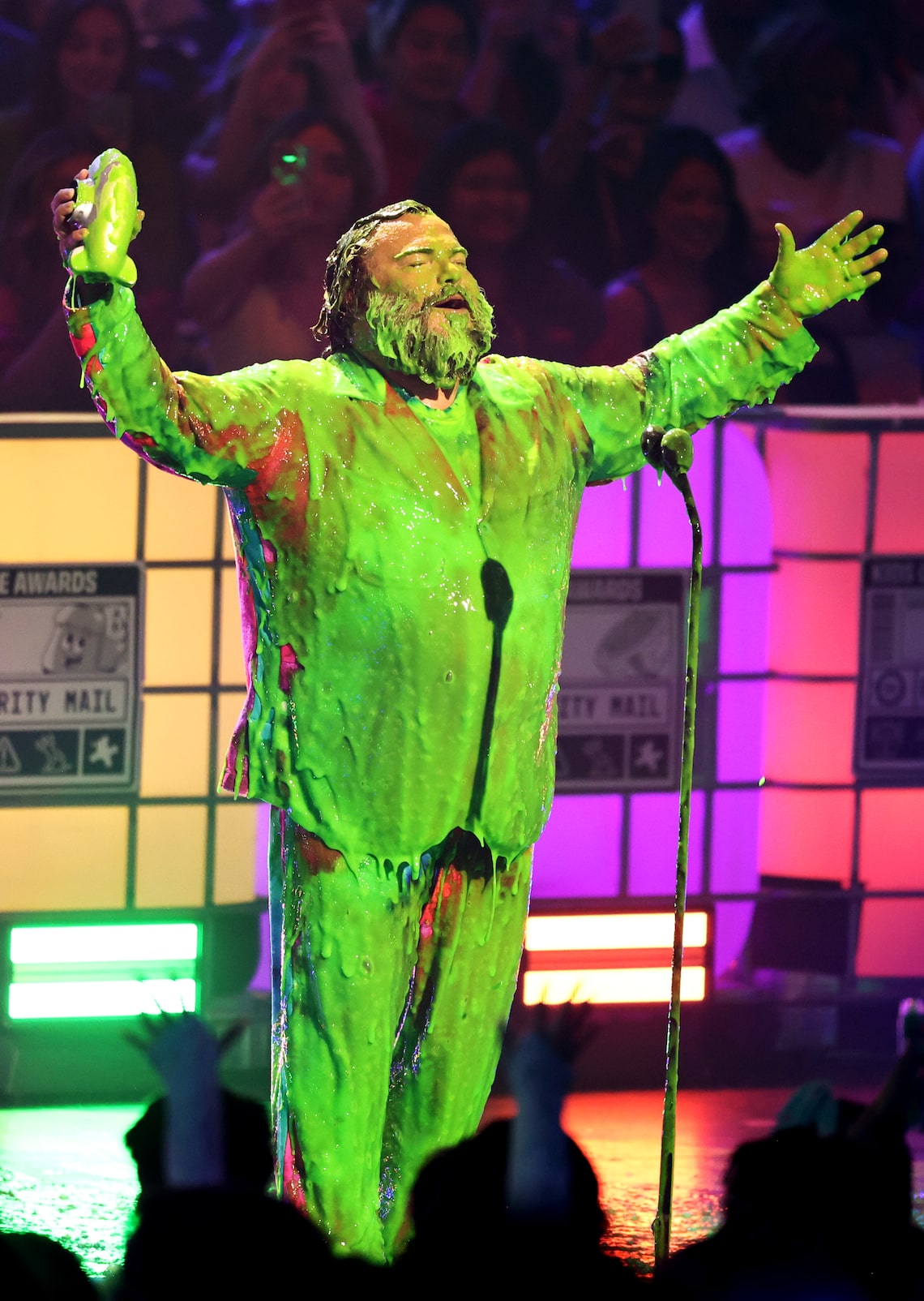 Jack Black got slimed while accepting the King of Comedy award onstage at the Nickelodeon 2025 Kids' Choice Awards held at Barker Hangar on June 21, 2025 in Santa Monica.