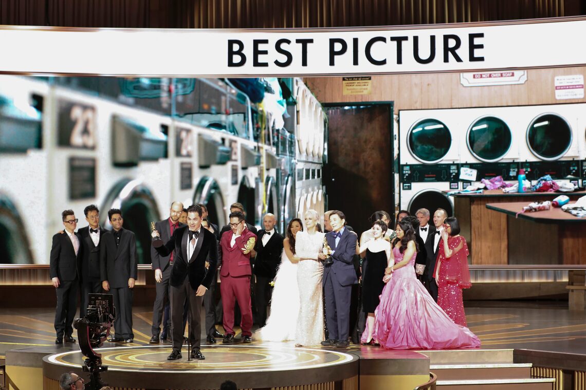 Jonathan Wang accepts the Best Picture award for "Everything Everywhere All at Once" along with cast and crew onstage during the 95th Annual Academy.