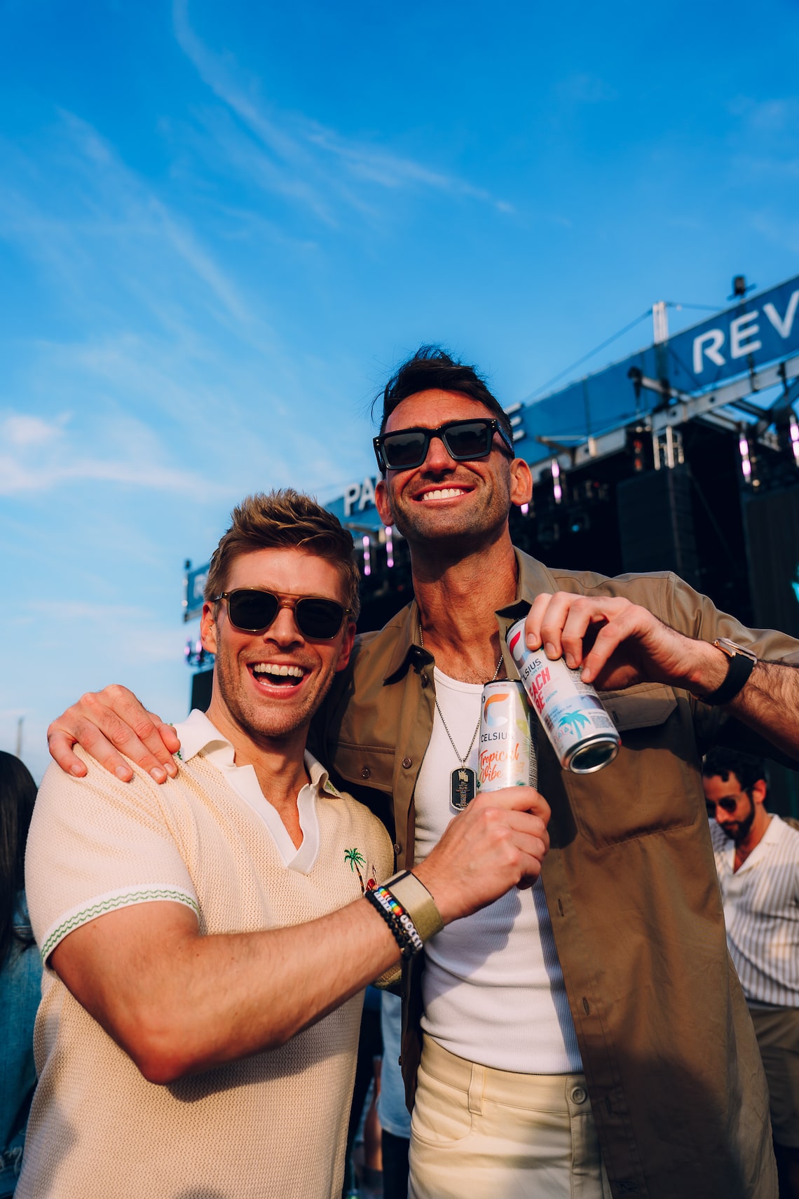 Kyle Cooke  and Carl Radke enjoyed Celsius while celebrating the fifth-annual Palm Tree Music Festival in collaboration with REVOLVE.