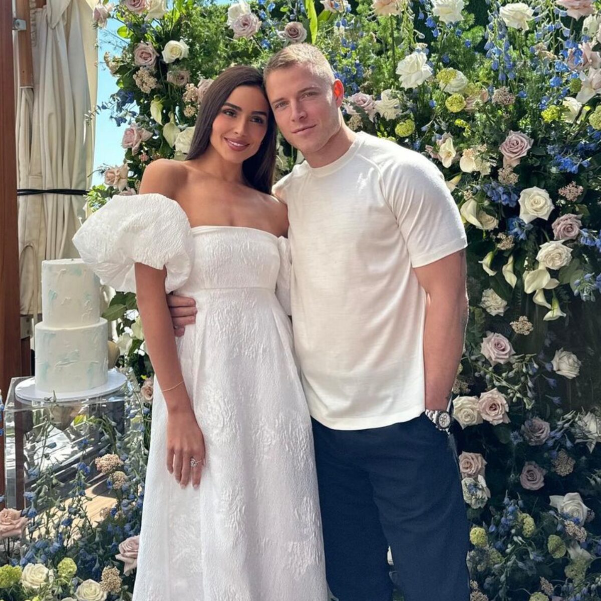 olivia culpo engagement party dress Christian McCaffrey aids Olivia Culpo after her dress malfunctions