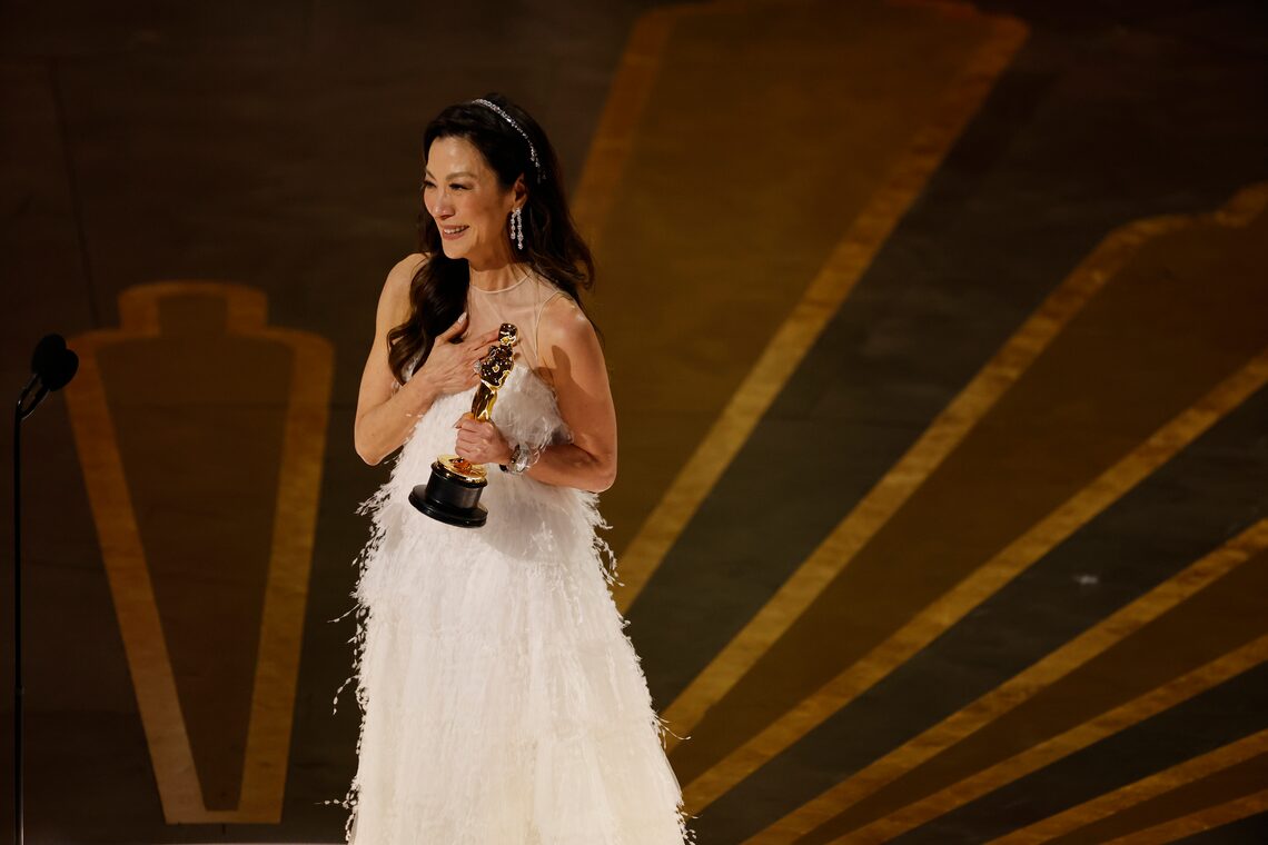 Michelle Yeoh accepts the Best Actress award for "Everything Everywhere All at Once" onstage during the 95th Annual Academy Awards.